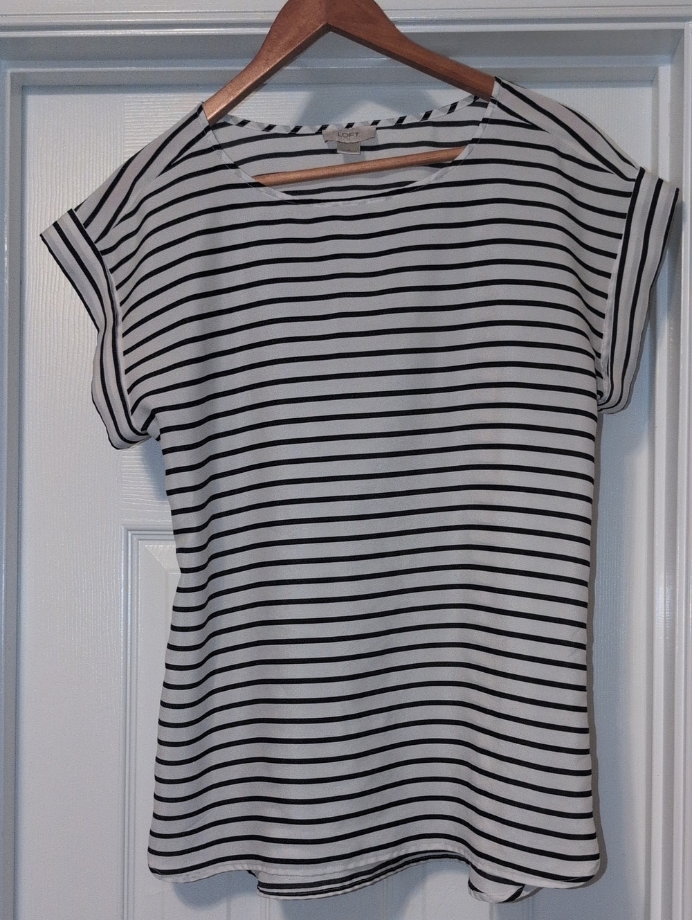 LOFT Black and White Striped Short Sleeve Blouse